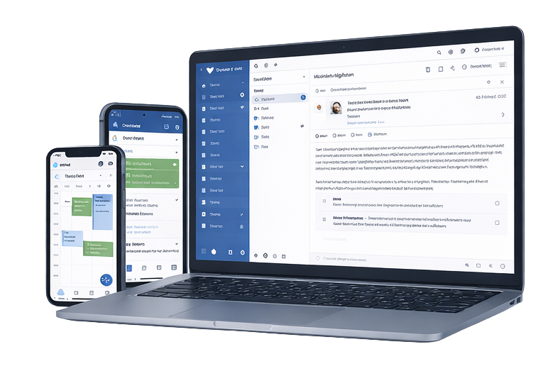 Laptop und zwei Smartphones zeigen eine moderne Team- oder Projektmanagement-Software mit Kalender- und Nachrichtenansicht auf den Bildschirmen.